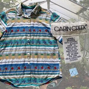Cabin Creek Fruits Striped Textured Button-up Shirt Sz L